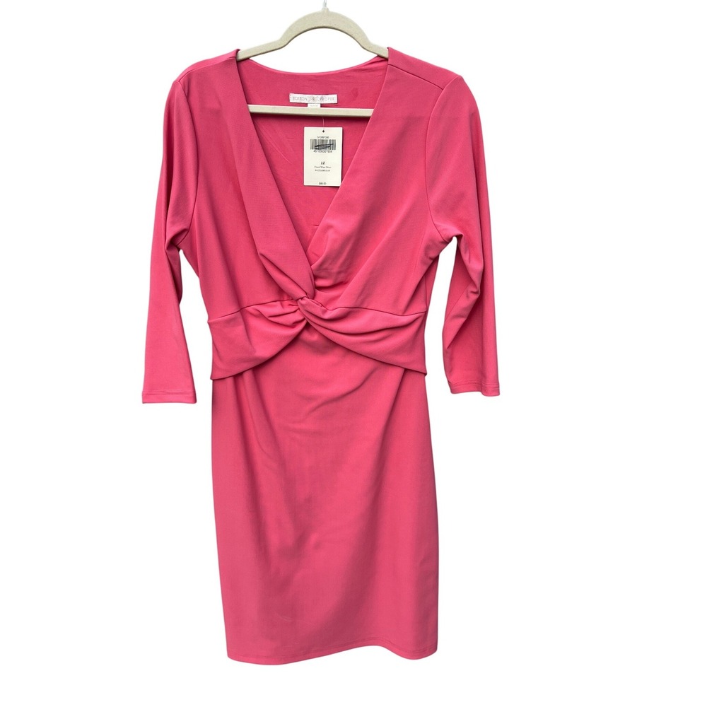 New Boston Proper Travel Knot Dress Watermelon Pink V Neck 3/4 Sleeve Size 12